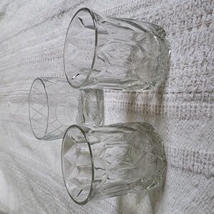 Lot of 3 crown royal whiskey glasses, etched design, matching pair and a single